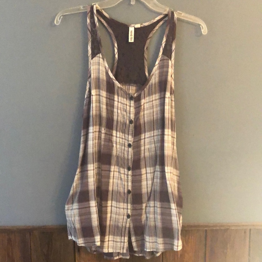 Gray and white plaid Razor back tank top
